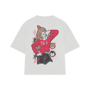 Playera streetwear premium de anime y gaming ExtraLife MX, corte boxy oversized drop shoulder heavyweight en color Deep Black y Off-White, moda urbana mexicana de culto.