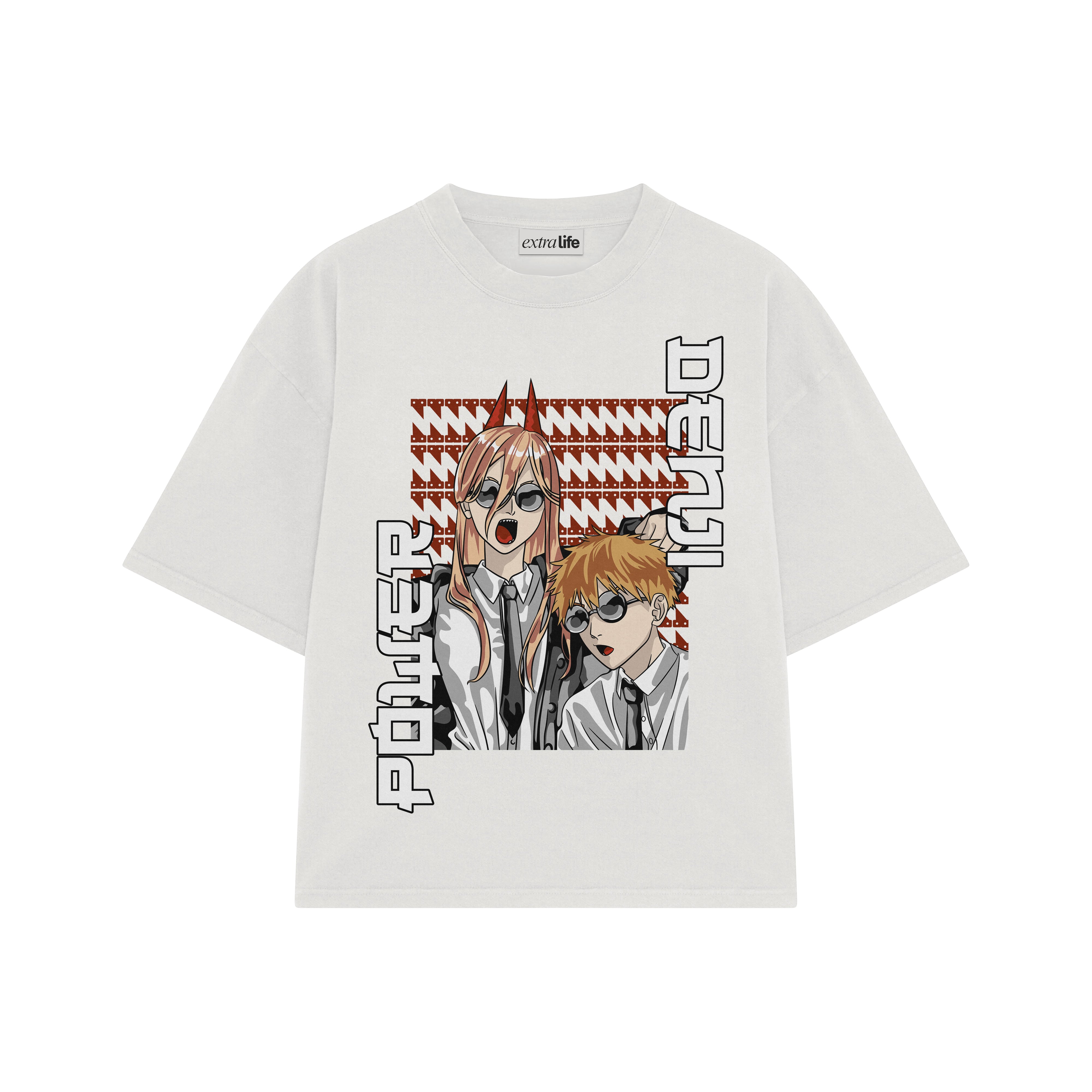 Playera streetwear premium de anime y gaming ExtraLife MX, corte boxy oversized drop shoulder heavyweight en color Deep Black y Off-White, moda urbana mexicana de culto.