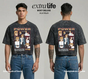Playera streetwear premium de anime y gaming ExtraLife MX, corte boxy deluxe mineral wash heavyweight en color Acid Wash, moda urbana mexicana de culto.