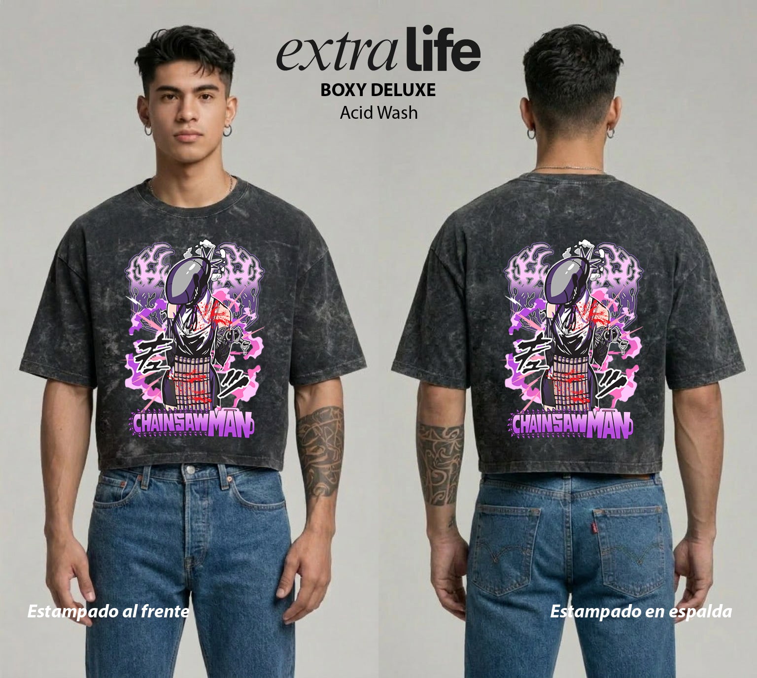Playera streetwear premium de anime y gaming ExtraLife MX, corte boxy deluxe mineral wash heavyweight en color Acid Wash, moda urbana mexicana de culto.