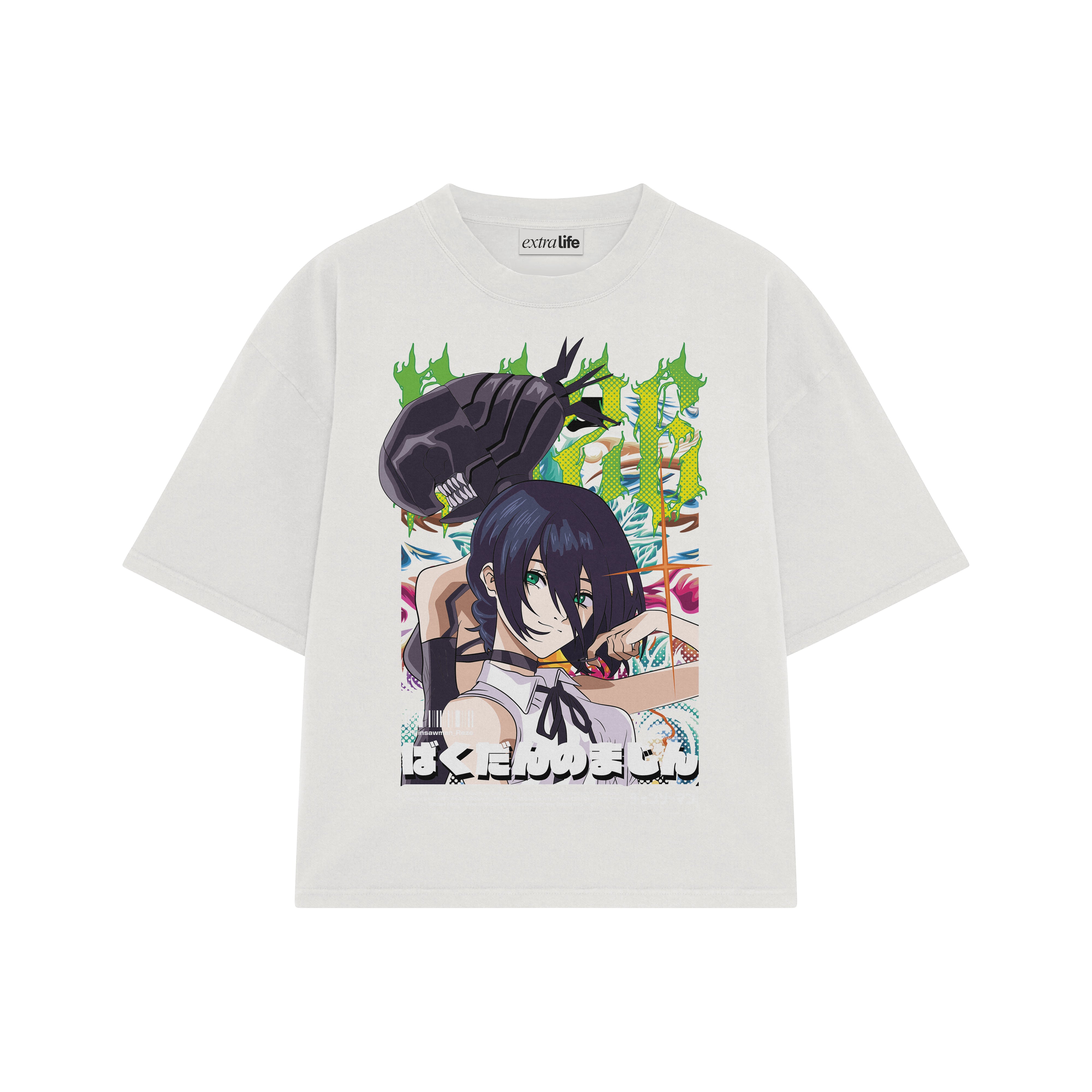 Playera streetwear premium de anime y gaming ExtraLife MX, corte boxy oversized drop shoulder heavyweight en color Deep Black y Off-White, moda urbana mexicana de culto.