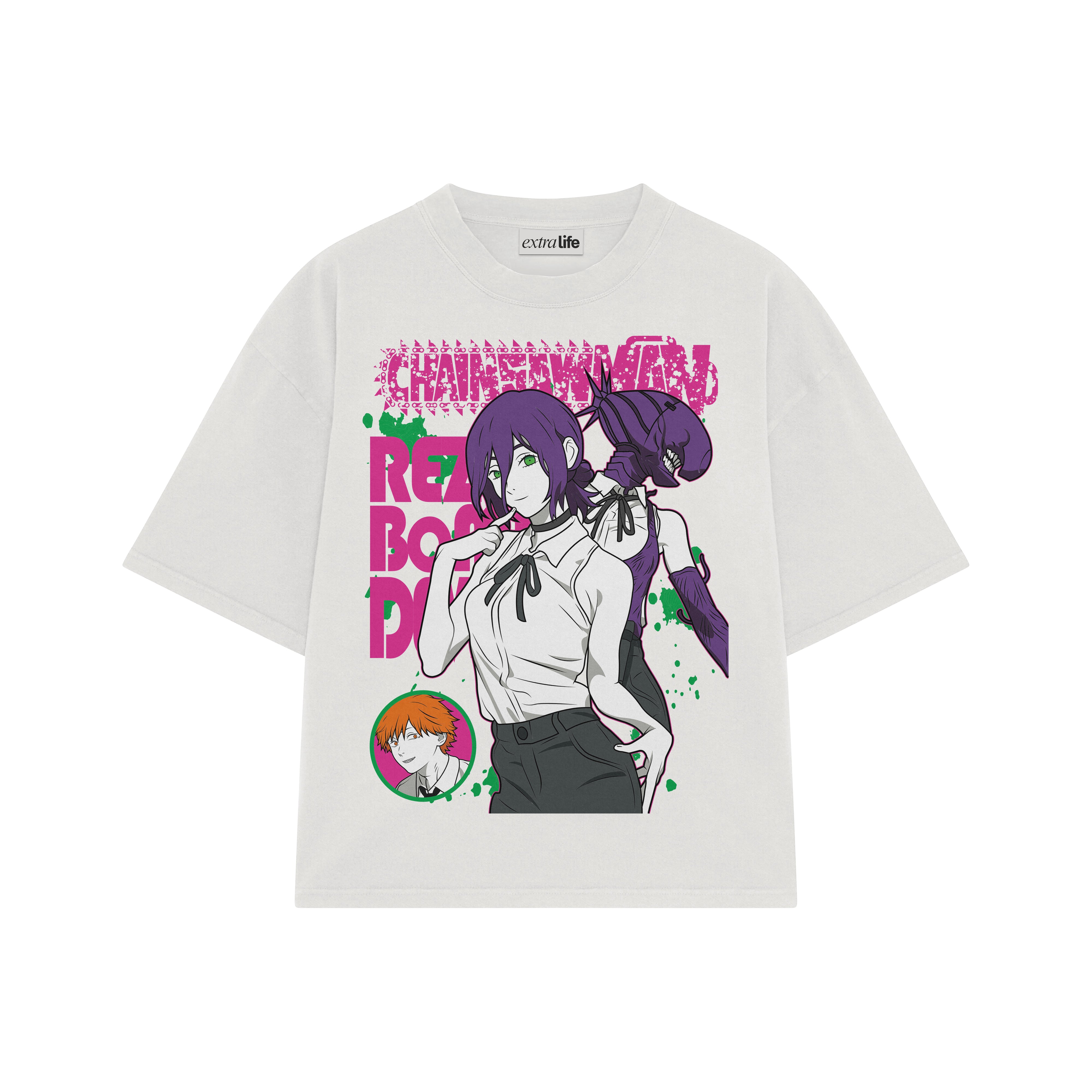 Playera streetwear premium de anime y gaming ExtraLife MX, corte boxy oversized drop shoulder heavyweight en color Deep Black y Off-White, moda urbana mexicana de culto.