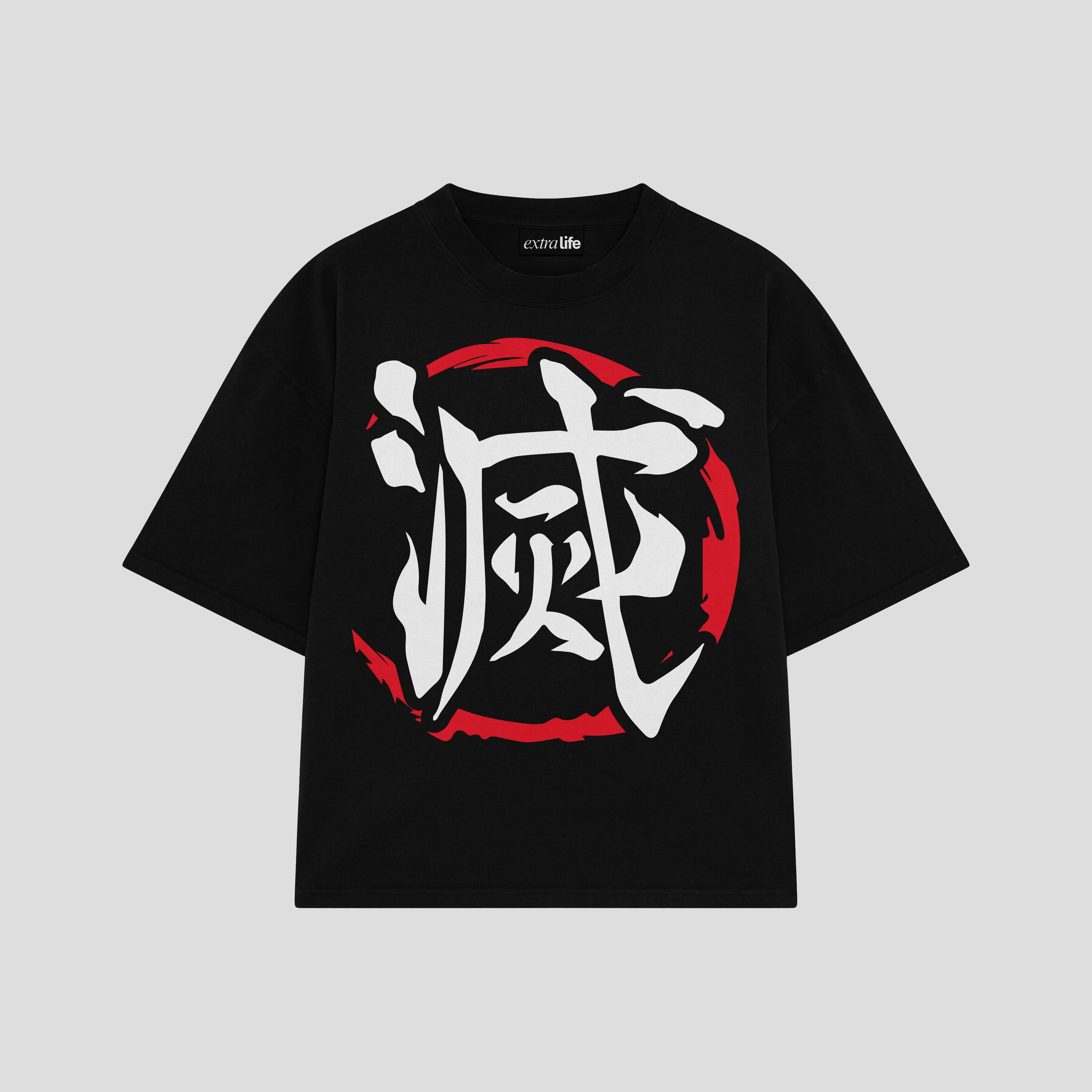 Playera streetwear premium de anime y gaming ExtraLife MX, corte boxy oversized drop shoulder heavyweight en color Deep Black y Off-White, moda urbana mexicana de culto.