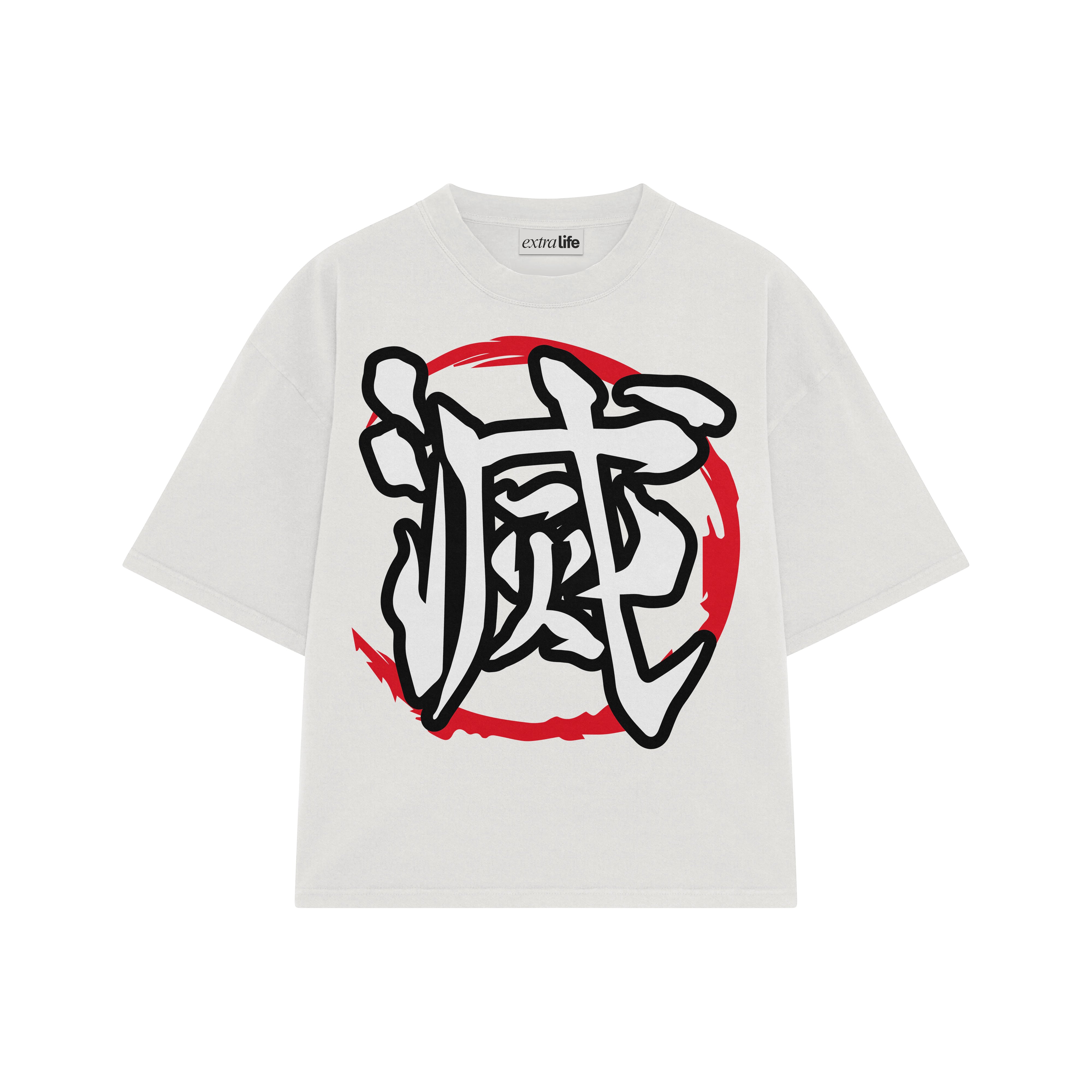Playera streetwear premium de anime y gaming ExtraLife MX, corte boxy oversized drop shoulder heavyweight en color Deep Black y Off-White, moda urbana mexicana de culto.