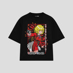 Playera streetwear premium de anime y gaming ExtraLife MX, corte boxy oversized drop shoulder heavyweight en color Deep Black y Off-White, moda urbana mexicana de culto.