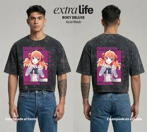 Playera streetwear premium de anime y gaming ExtraLife MX, corte boxy deluxe mineral wash heavyweight en color Acid Wash, moda urbana mexicana de culto.