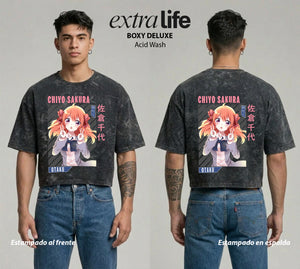 Playera streetwear premium de anime y gaming ExtraLife MX, corte boxy deluxe mineral wash heavyweight en color Acid Wash, moda urbana mexicana de culto.