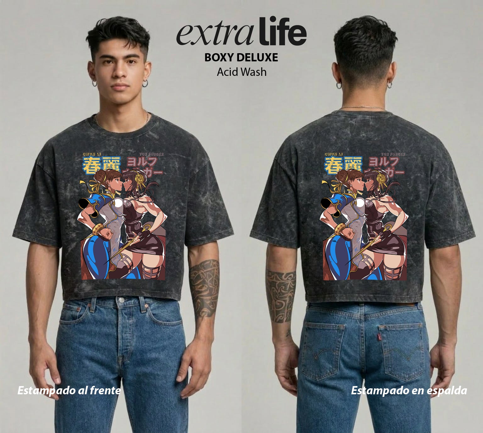 Playera streetwear premium de anime y gaming ExtraLife MX, corte boxy deluxe mineral wash heavyweight en color Acid Wash, moda urbana mexicana de culto.