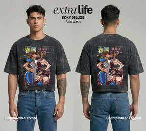 Playera streetwear premium de anime y gaming ExtraLife MX, corte boxy deluxe mineral wash heavyweight en color Acid Wash, moda urbana mexicana de culto.