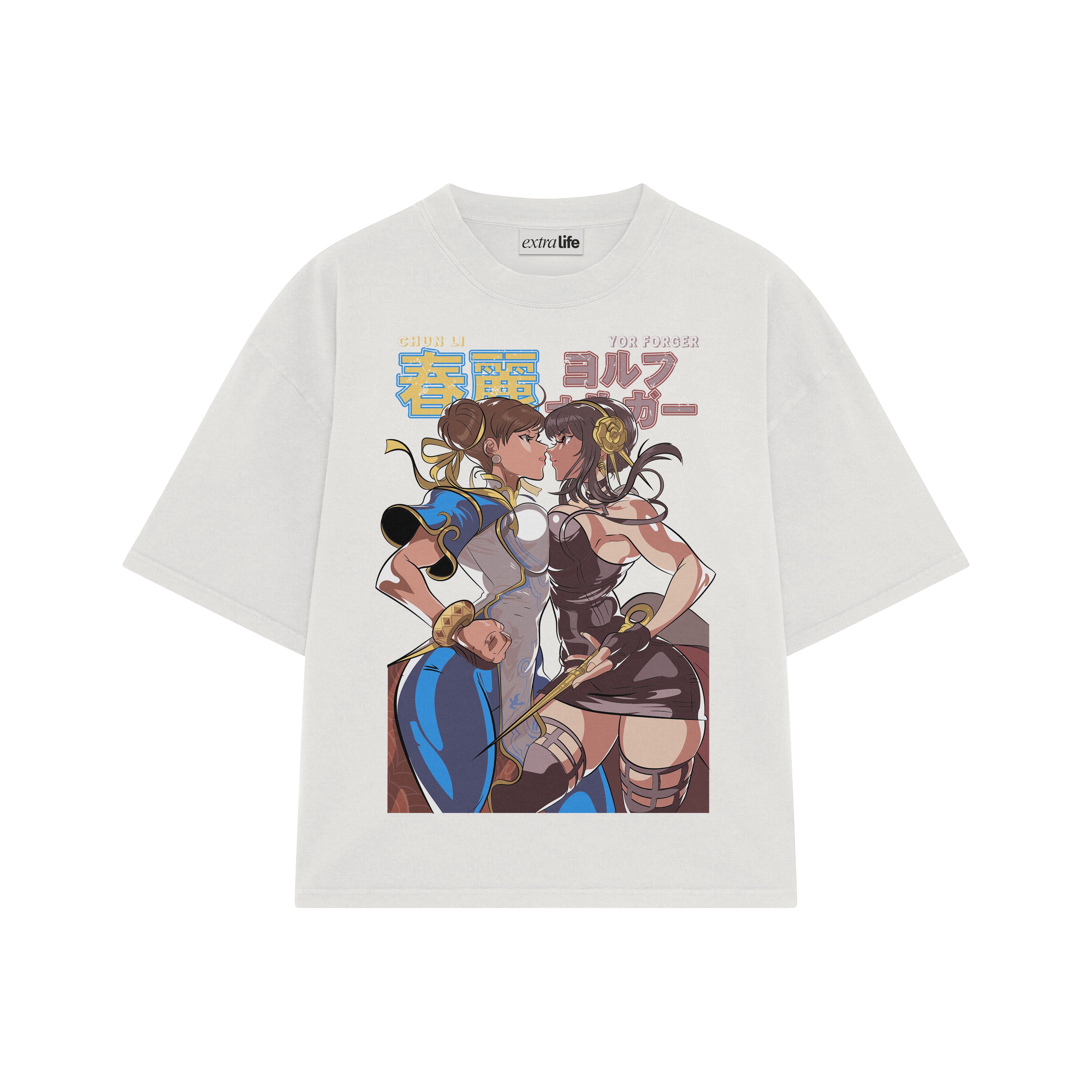 Playera streetwear premium de anime y gaming ExtraLife MX, corte boxy oversized drop shoulder heavyweight en color Deep Black y Off-White, moda urbana mexicana de culto.