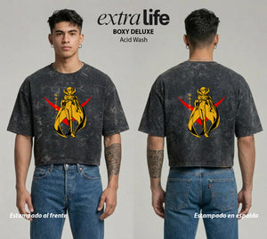 Playera streetwear premium de anime y gaming ExtraLife MX, corte boxy deluxe mineral wash heavyweight en color Acid Wash, moda urbana mexicana de culto.