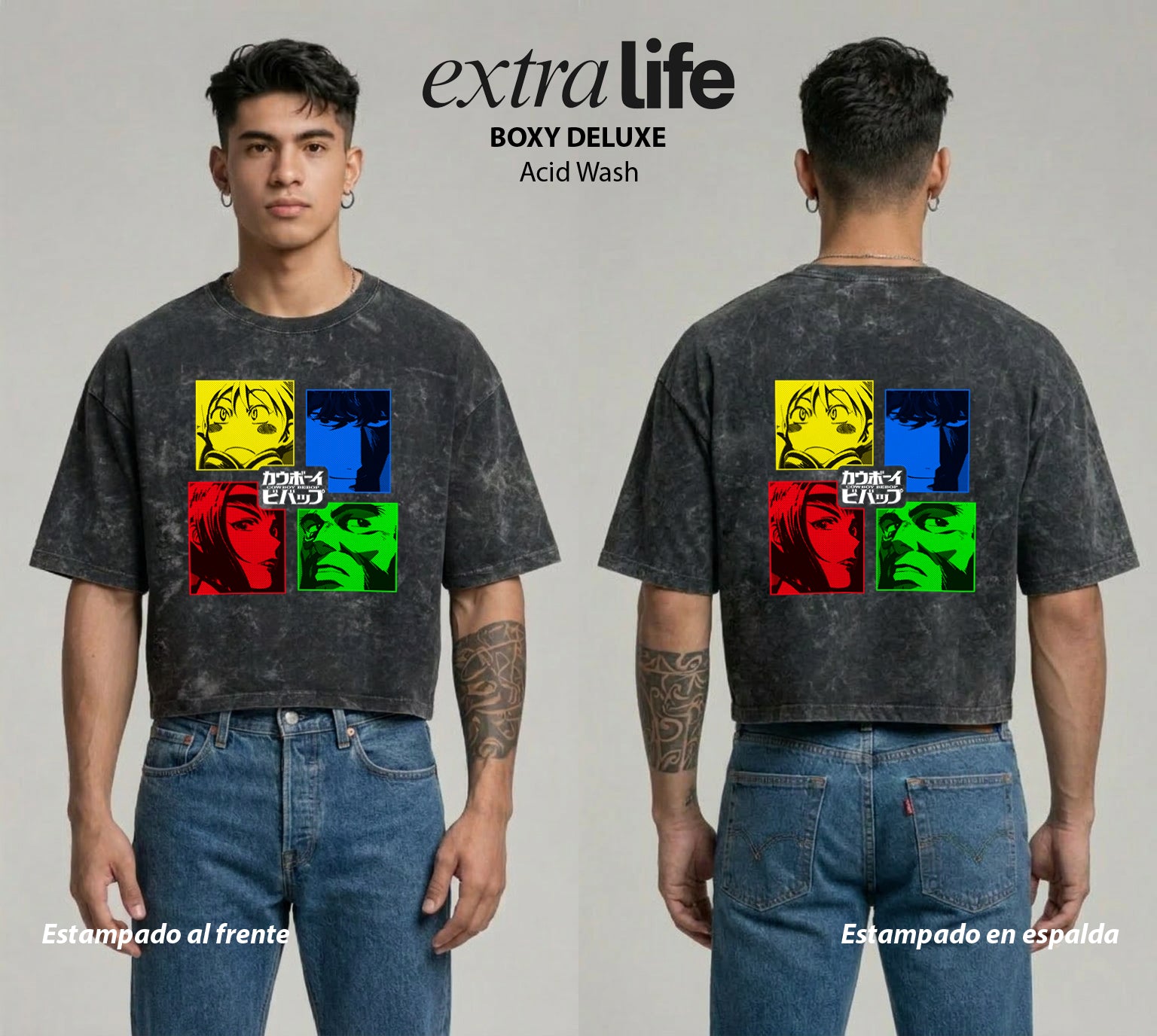 Playera streetwear premium de anime y gaming ExtraLife MX, corte boxy deluxe mineral wash heavyweight en color Acid Wash, moda urbana mexicana de culto.