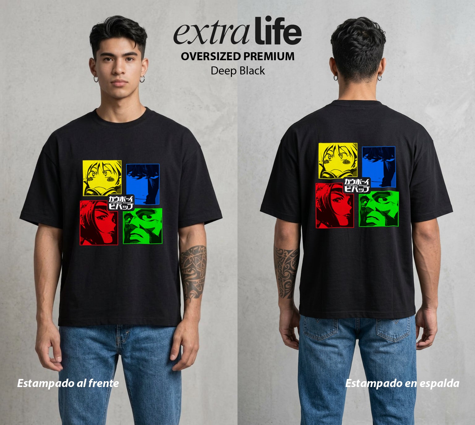Vaqueros del Espacio | Las Caras del Cosmos #00513 - Playera Oversized Premium | Deep Black - Foto en modelo
