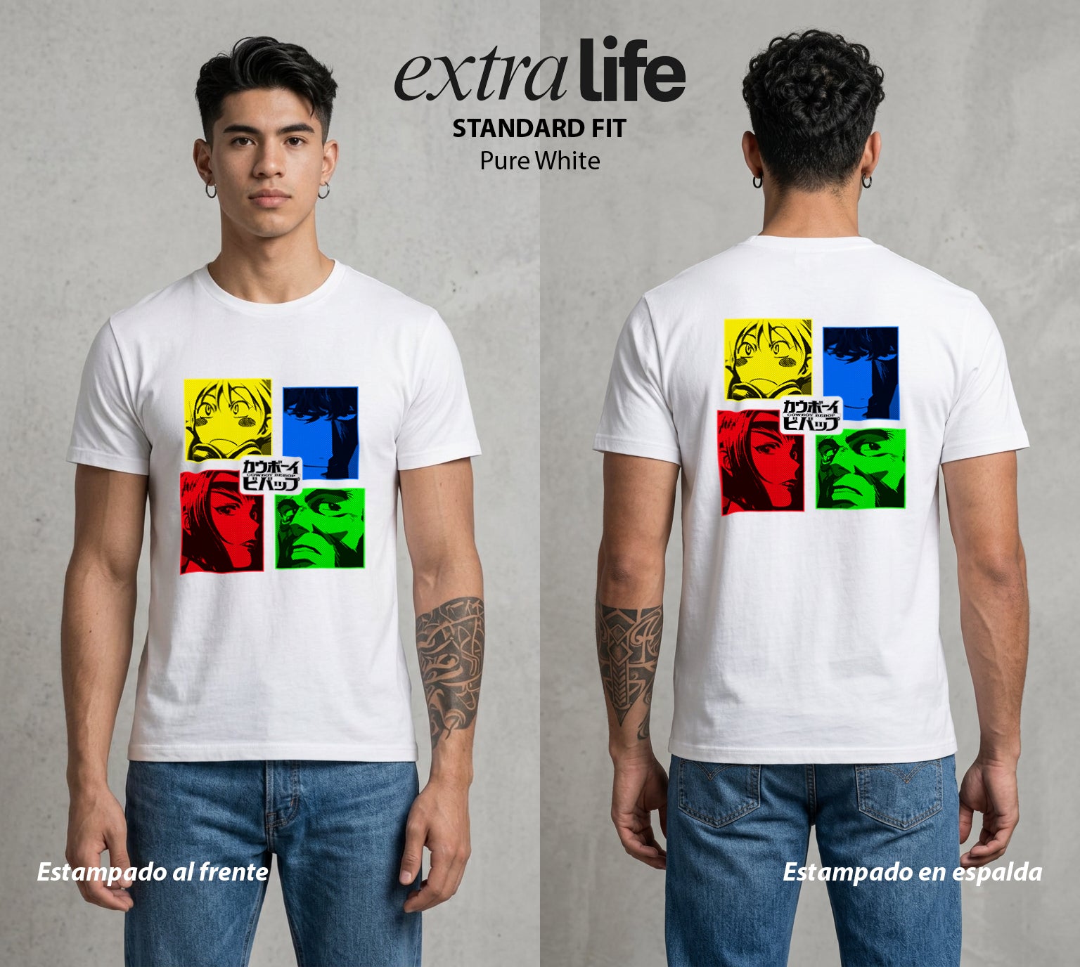 Vaqueros del Espacio | Los Rostros del Bebop #00514 - Playera Standard Fit | Pure White - Foto en modelo