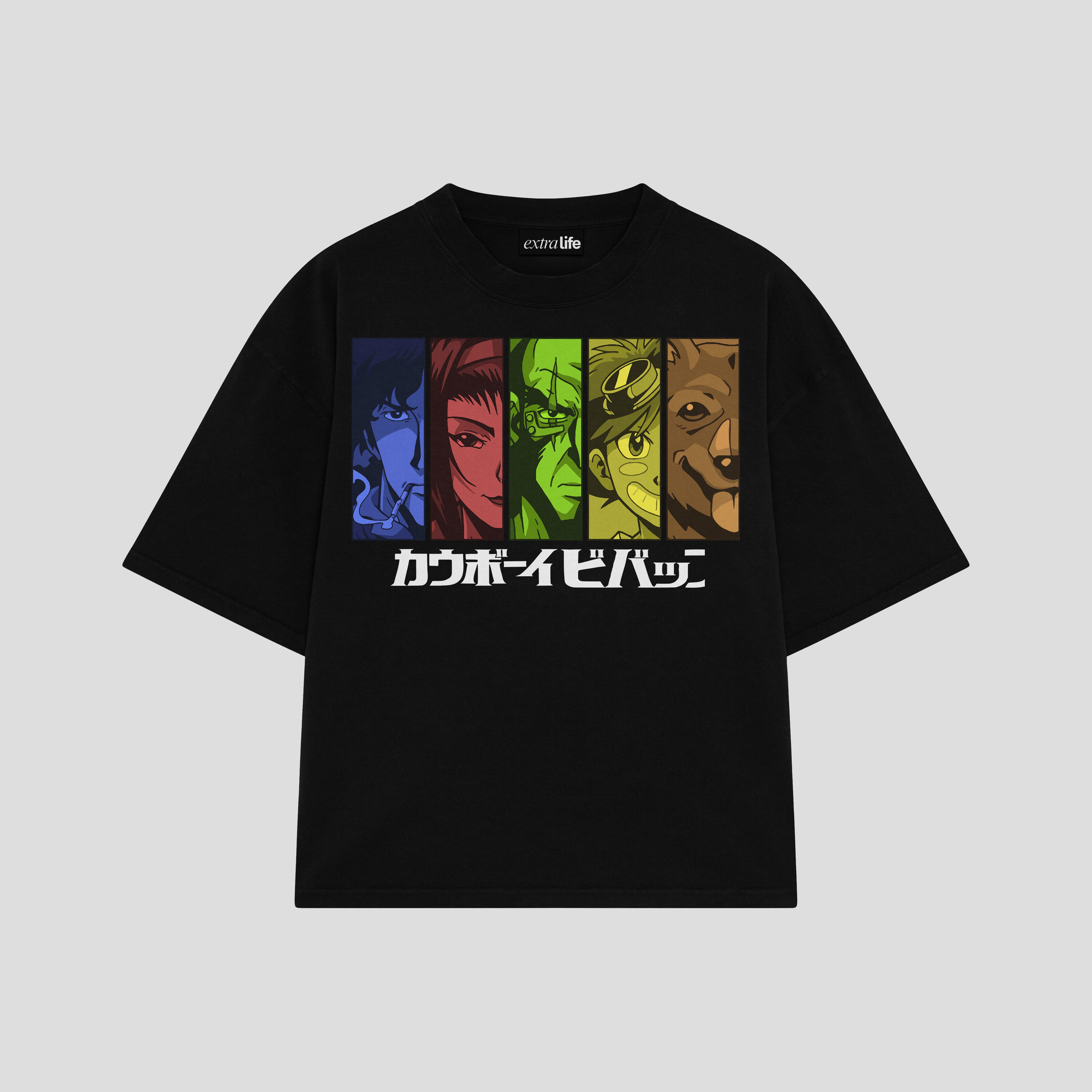 Playera streetwear premium de anime y gaming ExtraLife MX, corte boxy oversized drop shoulder heavyweight en color Deep Black y Off-White, moda urbana mexicana de culto.
