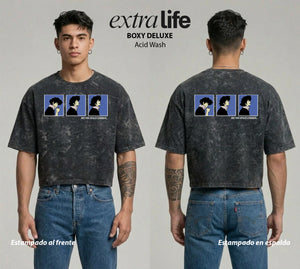Playera streetwear premium de anime y gaming ExtraLife MX, corte boxy deluxe mineral wash heavyweight en color Acid Wash, moda urbana mexicana de culto.