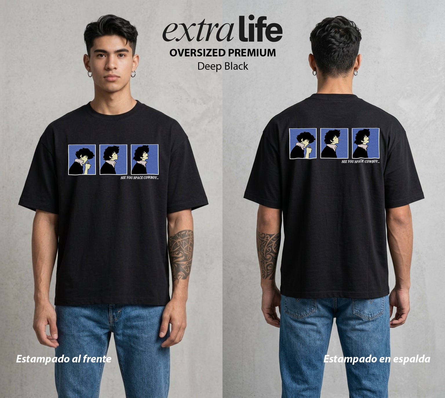 Vaqueros del Espacio | Hasta Luego Vaquero Hasta Luego #00517 - Playera Oversized Premium | Deep Black - Foto en modelo