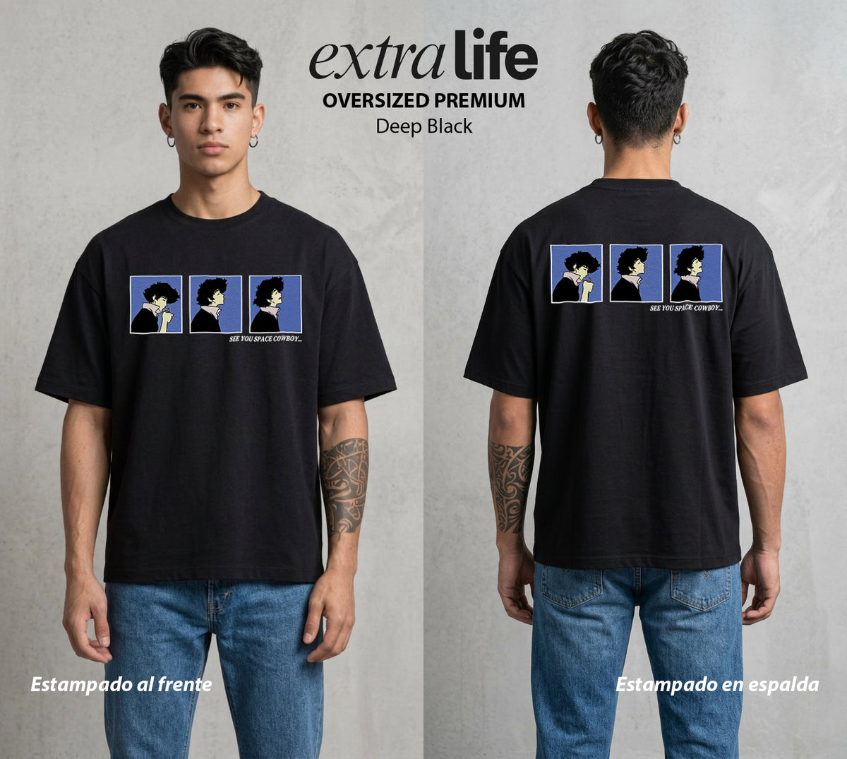 Vaqueros del Espacio | Hasta Luego Vaquero Hasta Luego #00517 - Playera Oversized Premium | Deep Black - Foto en modelo