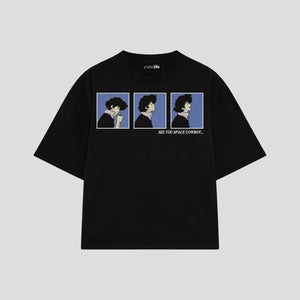 Playera streetwear premium de anime y gaming ExtraLife MX, corte boxy oversized drop shoulder heavyweight en color Deep Black y Off-White, moda urbana mexicana de culto.