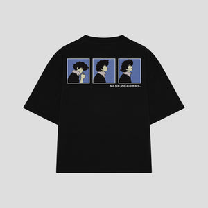 Playera streetwear premium de anime y gaming ExtraLife MX, corte boxy oversized drop shoulder heavyweight en color Deep Black y Off-White, moda urbana mexicana de culto.