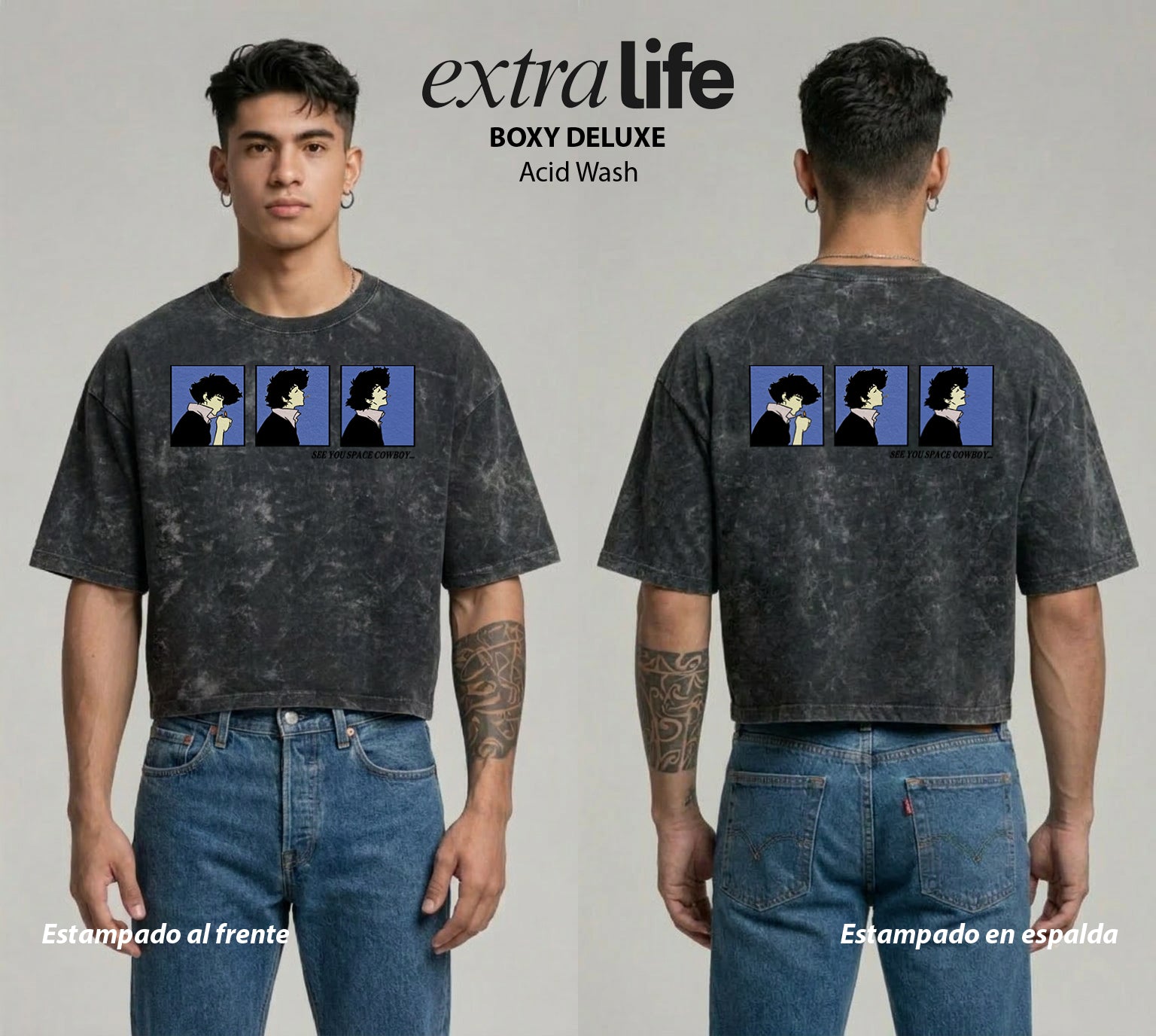 Playera streetwear premium de anime y gaming ExtraLife MX, corte boxy deluxe mineral wash heavyweight en color Acid Wash, moda urbana mexicana de culto.