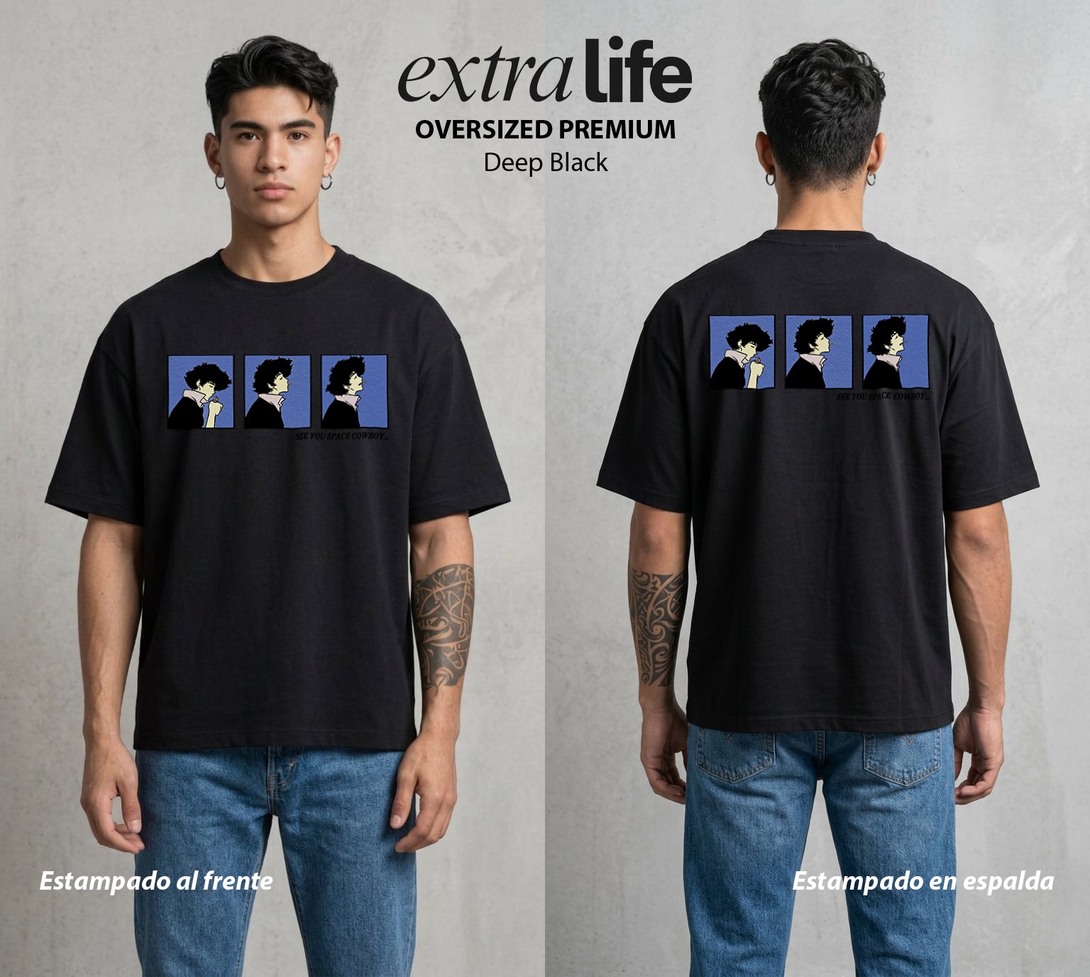 Vaqueros del Espacio | El Adios Estelar Hasta Luego #00518 - Playera Oversized Premium | Deep Black - Foto en modelo