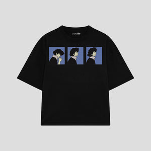 Playera streetwear premium de anime y gaming ExtraLife MX, corte boxy oversized drop shoulder heavyweight en color Deep Black y Off-White, moda urbana mexicana de culto.