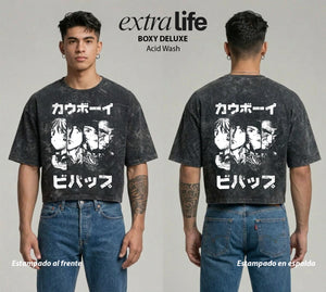 Playera streetwear premium de anime y gaming ExtraLife MX, corte boxy deluxe mineral wash heavyweight en color Acid Wash, moda urbana mexicana de culto.