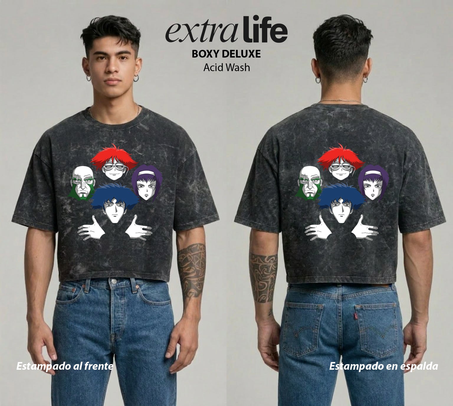 Playera streetwear premium de anime y gaming ExtraLife MX, corte boxy deluxe mineral wash heavyweight en color Acid Wash, moda urbana mexicana de culto.