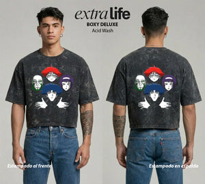 Playera streetwear premium de anime y gaming ExtraLife MX, corte boxy deluxe mineral wash heavyweight en color Acid Wash, moda urbana mexicana de culto.