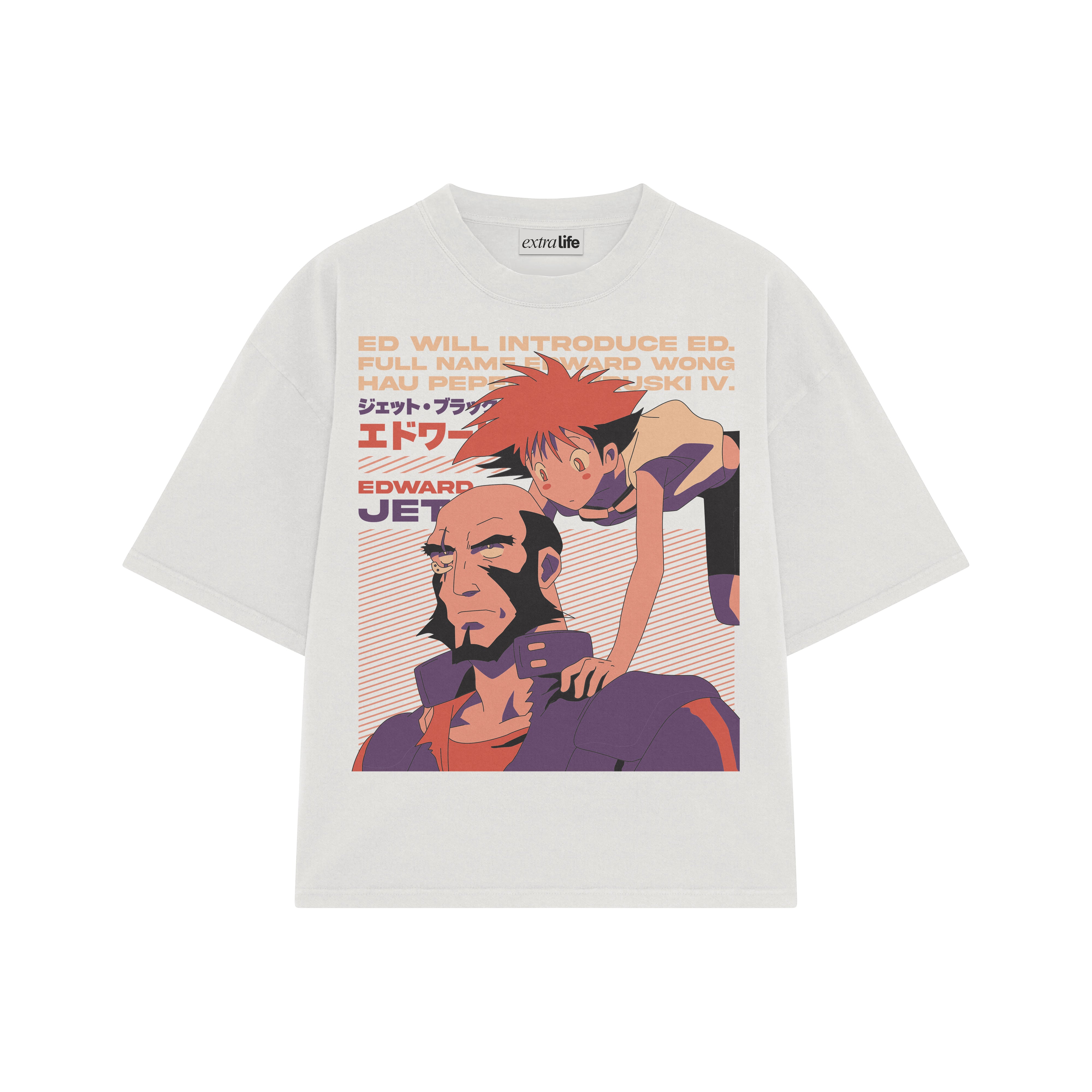 Playera streetwear premium de anime y gaming ExtraLife MX, corte boxy oversized drop shoulder heavyweight en color Deep Black y Off-White, moda urbana mexicana de culto.