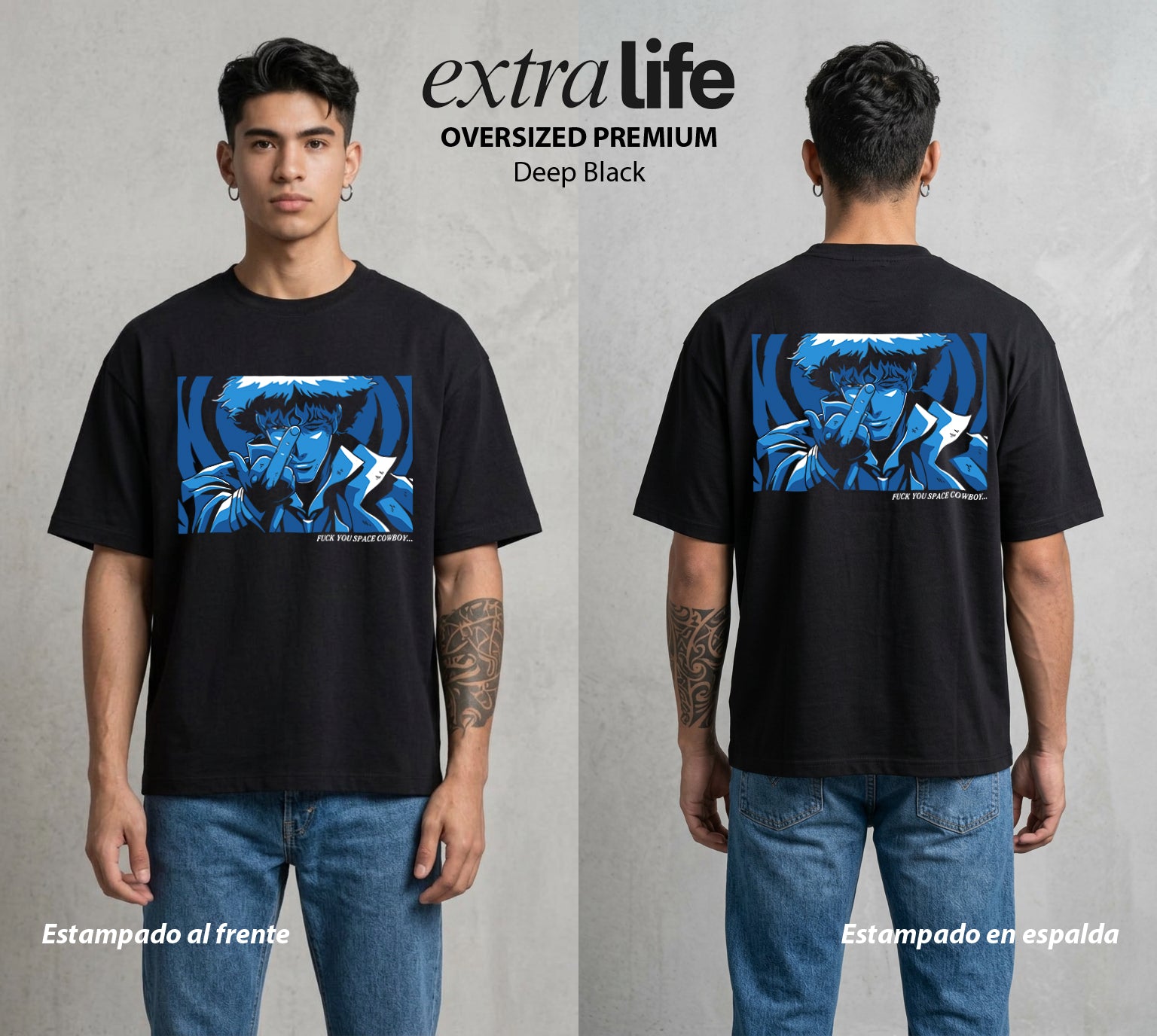 Vaqueros del Espacio | Rebeldía del Cosmos Rebelde #00524 - Playera Oversized Premium | Deep Black - Foto en modelo