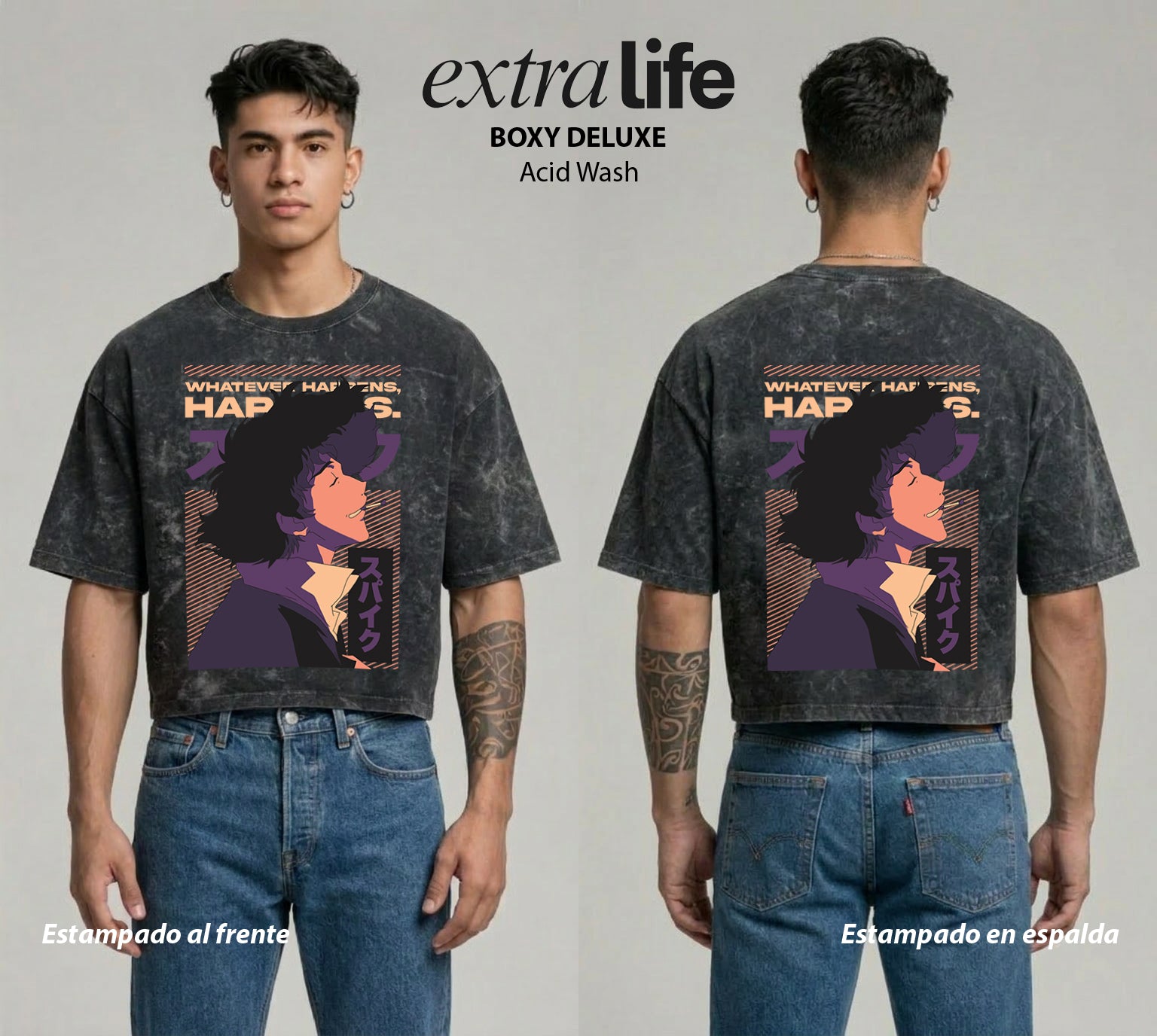 Playera streetwear premium de anime y gaming ExtraLife MX, corte boxy deluxe mineral wash heavyweight en color Acid Wash, moda urbana mexicana de culto.