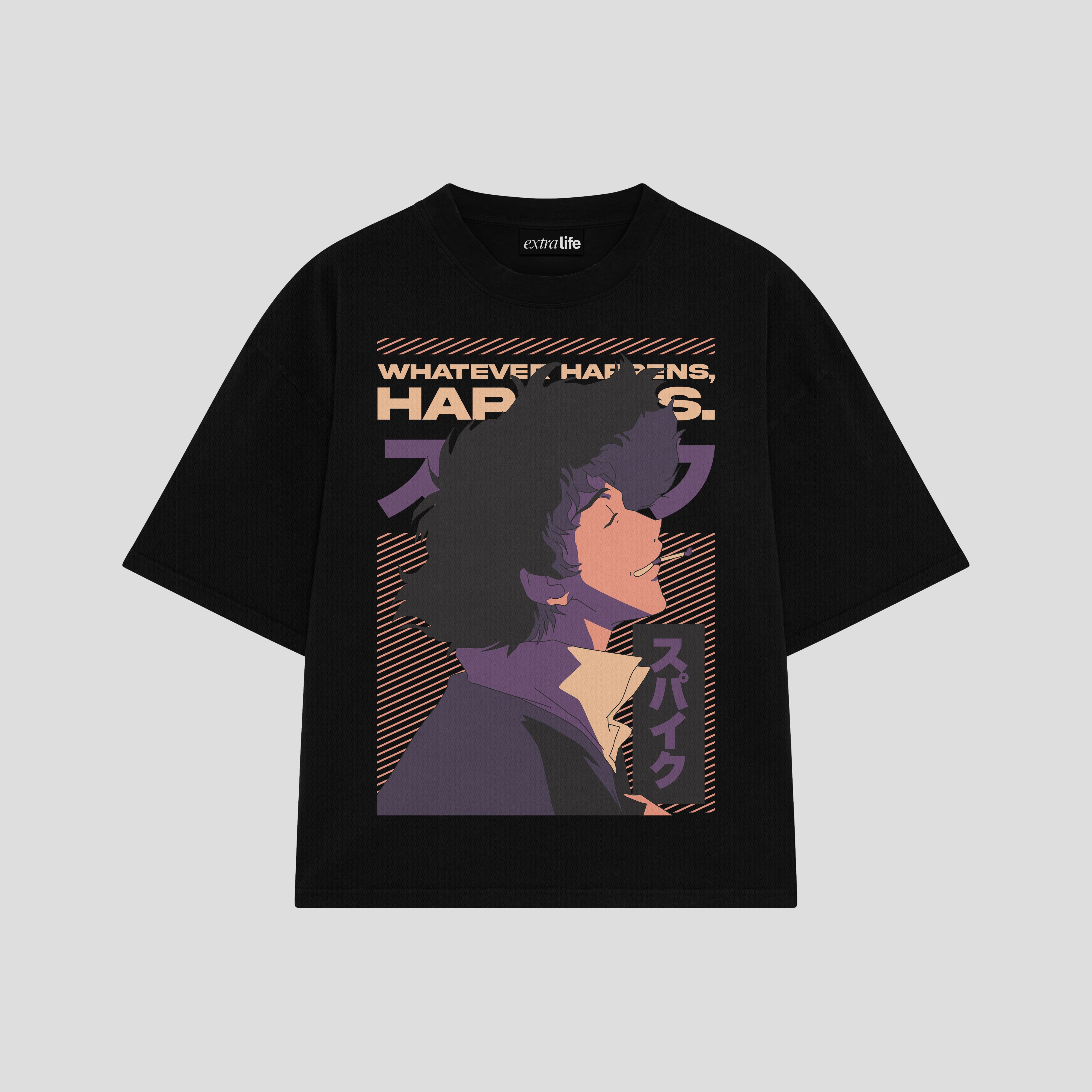 Playera streetwear premium de anime y gaming ExtraLife MX, corte boxy oversized drop shoulder heavyweight en color Deep Black y Off-White, moda urbana mexicana de culto.