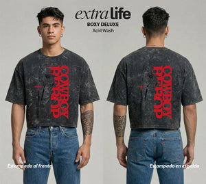 Playera streetwear premium de anime y gaming ExtraLife MX, corte boxy deluxe mineral wash heavyweight en color Acid Wash, moda urbana mexicana de culto.