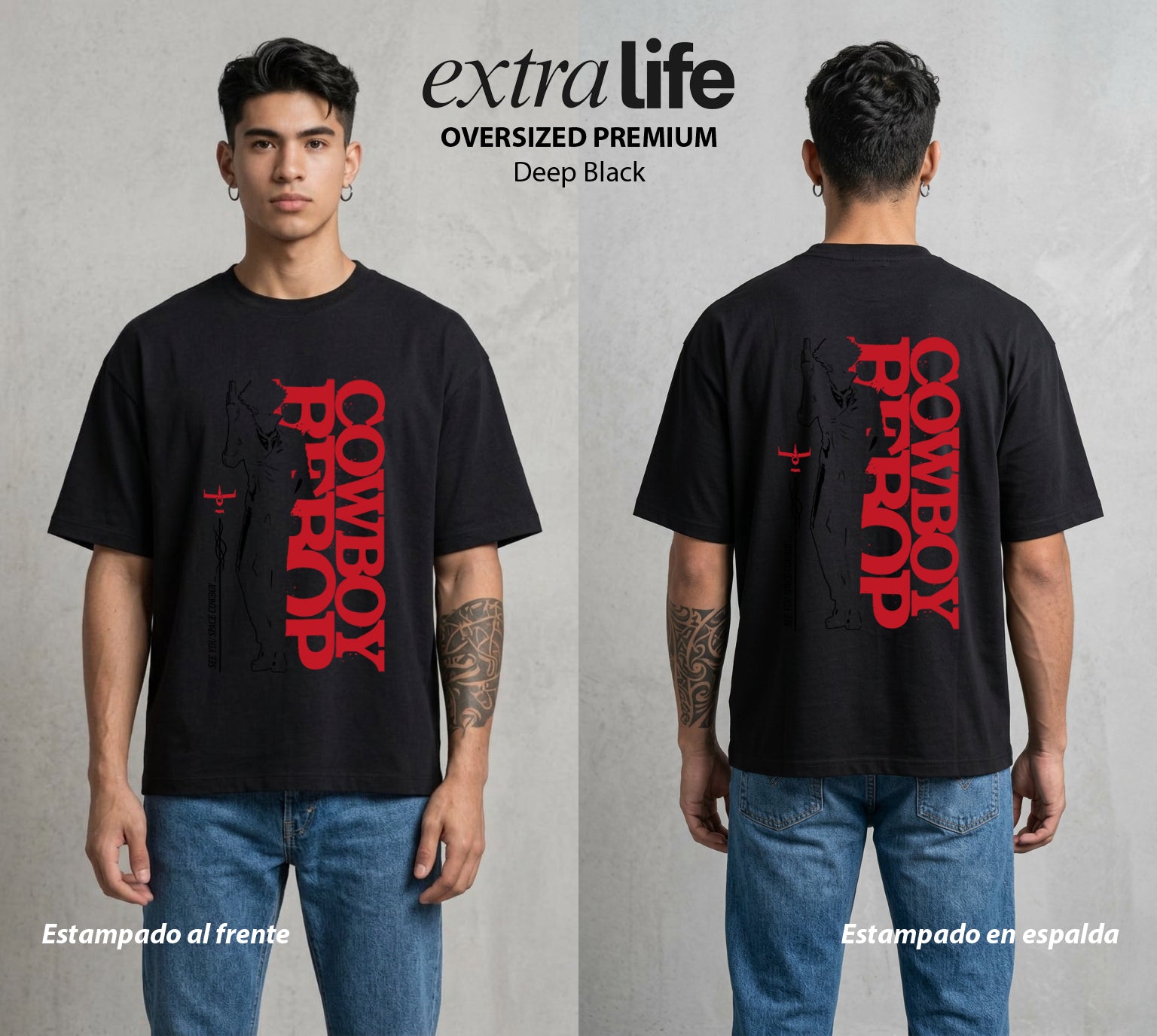 Vaqueros del Espacio | Blues en el Espacio #00528 - Playera Oversized Premium | Deep Black - Foto en modelo