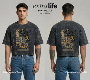 Playera streetwear premium de anime y gaming ExtraLife MX, corte boxy deluxe mineral wash heavyweight en color Acid Wash, moda urbana mexicana de culto.