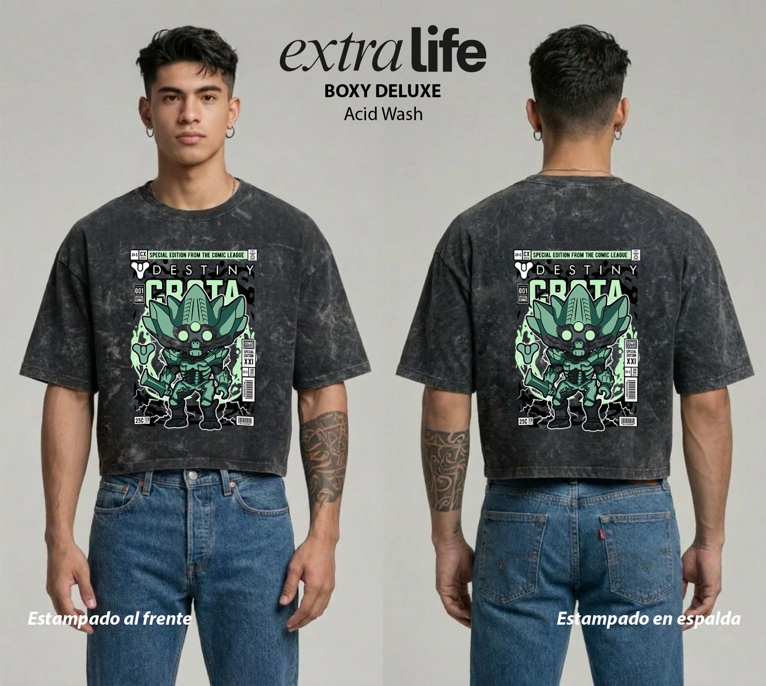 Playera streetwear premium de anime y gaming ExtraLife MX, corte boxy deluxe mineral wash heavyweight en color Acid Wash, moda urbana mexicana de culto.