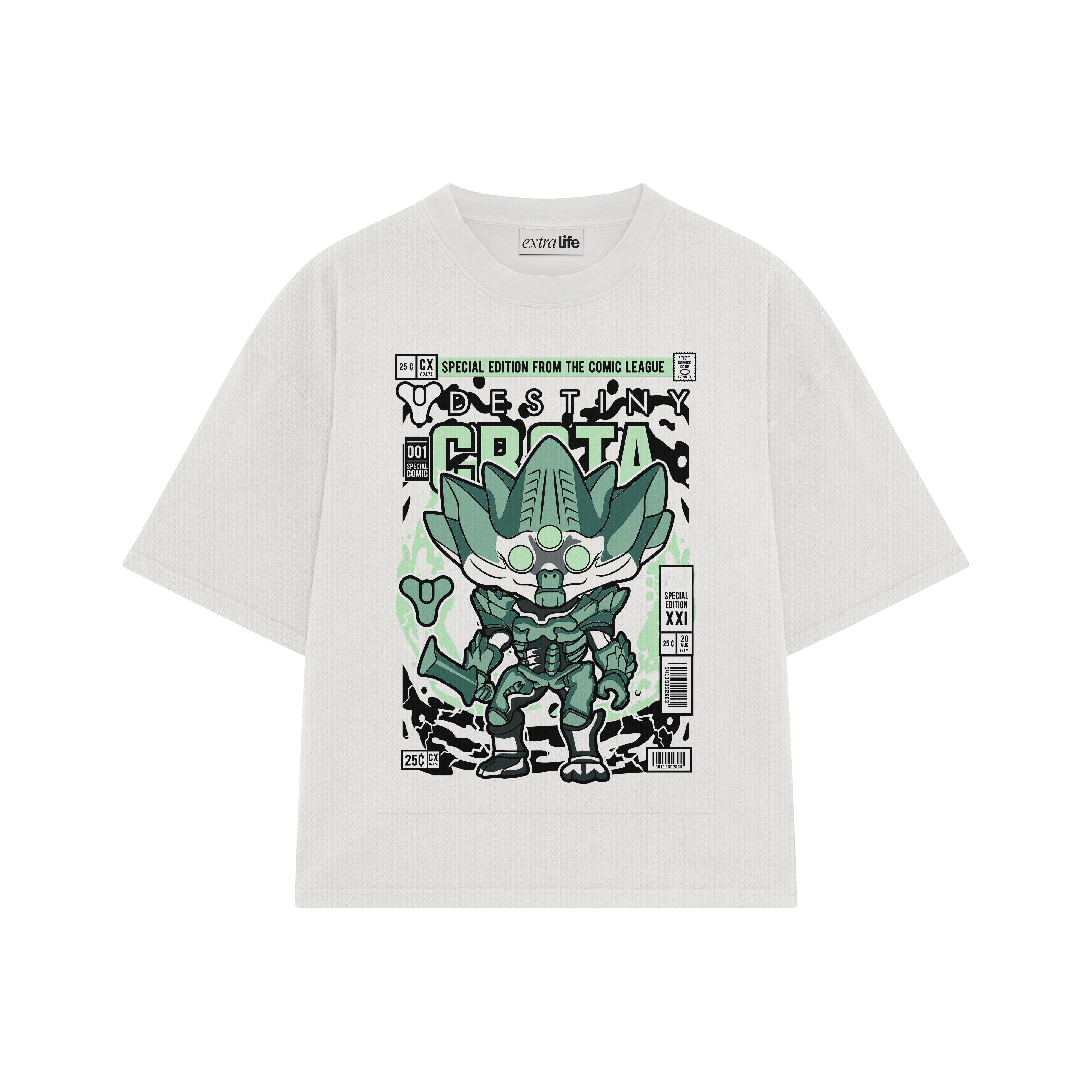 Playera streetwear premium de anime y gaming ExtraLife MX, corte boxy oversized drop shoulder heavyweight en color Deep Black y Off-White, moda urbana mexicana de culto.