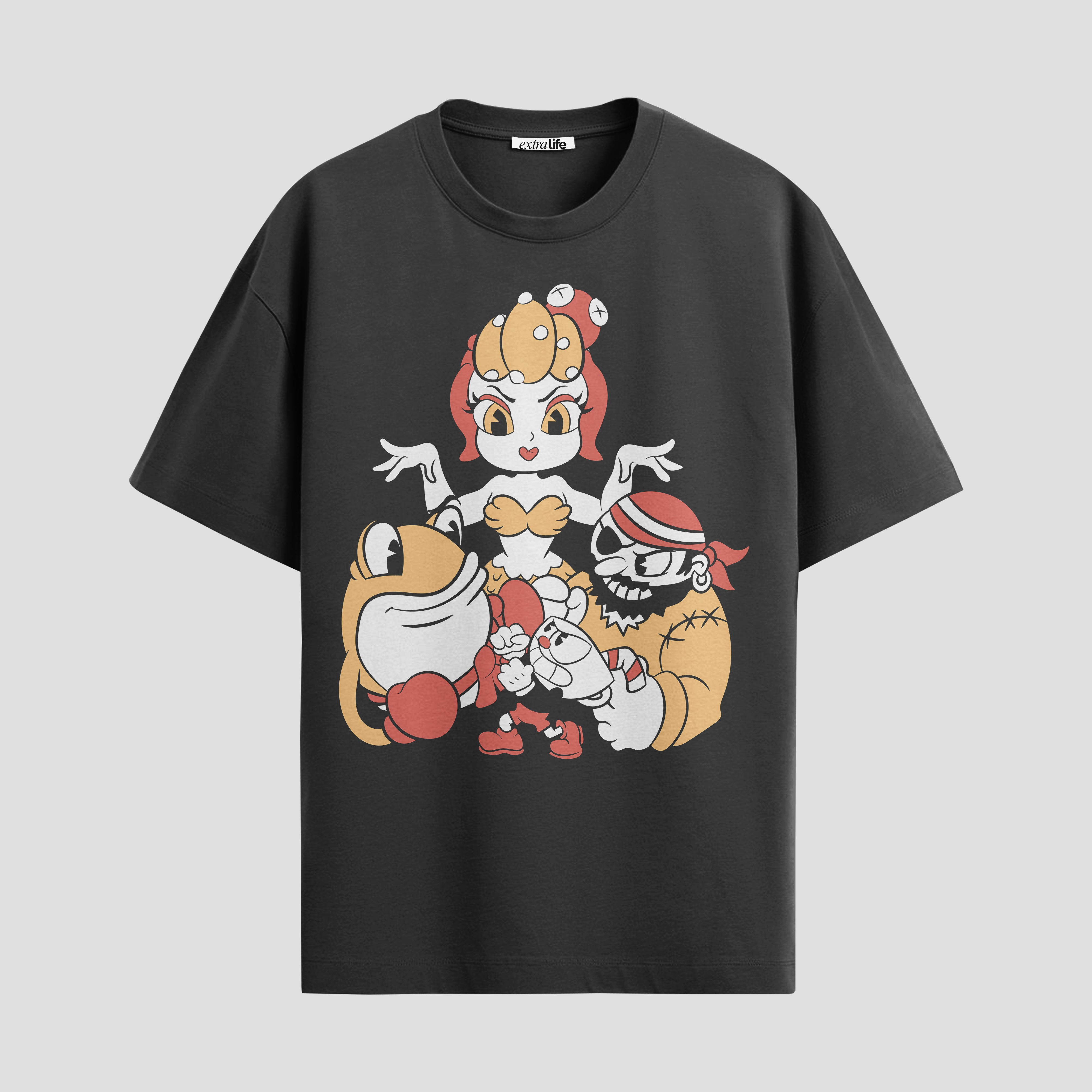 Playera urbana de anime y gaming ExtraLife MX, corte Standard Fit unisex ligero y transpirable en color Deep Black y Pure White, ropa de uso diario para gym y casual.