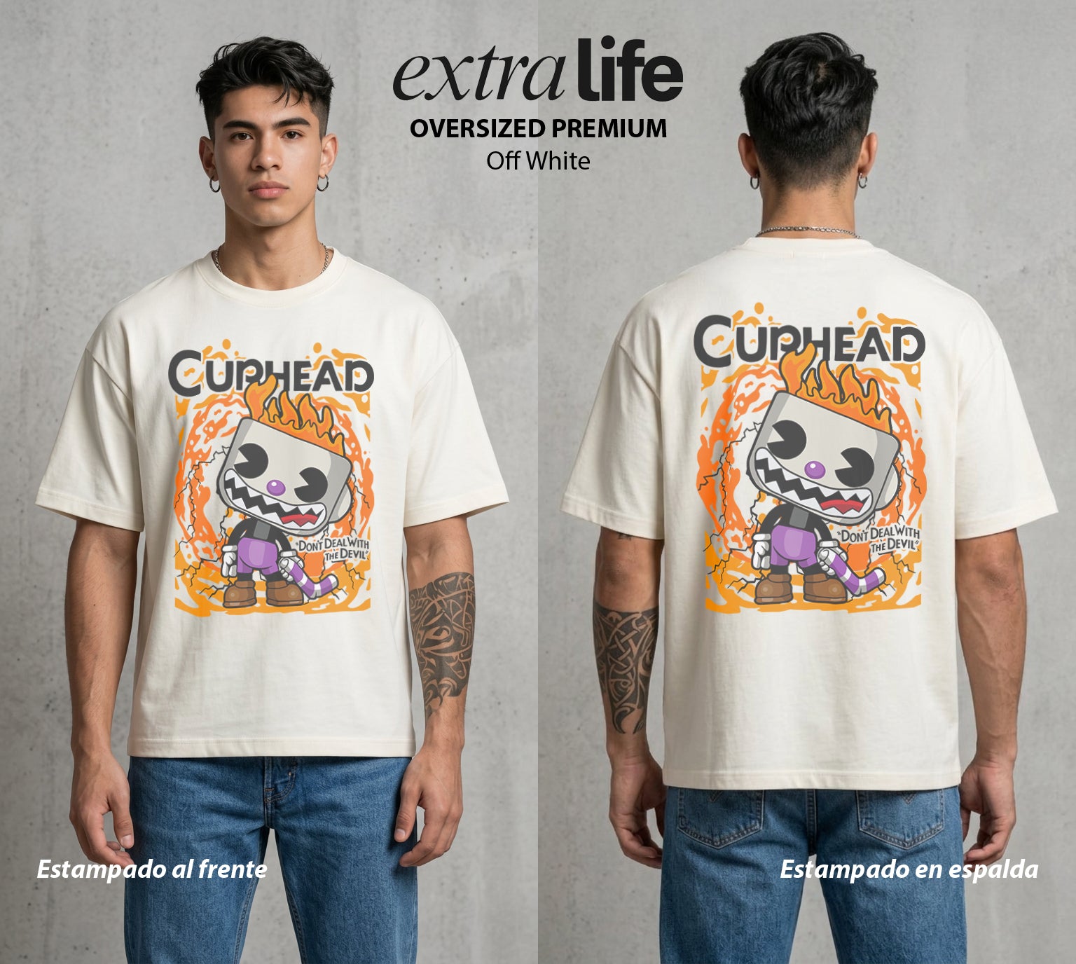 El Trato con el Diablo | Sin Tratos con el Mal Sin Tratos #00535 - Playera Oversized Premium | Off White - Foto en modelo