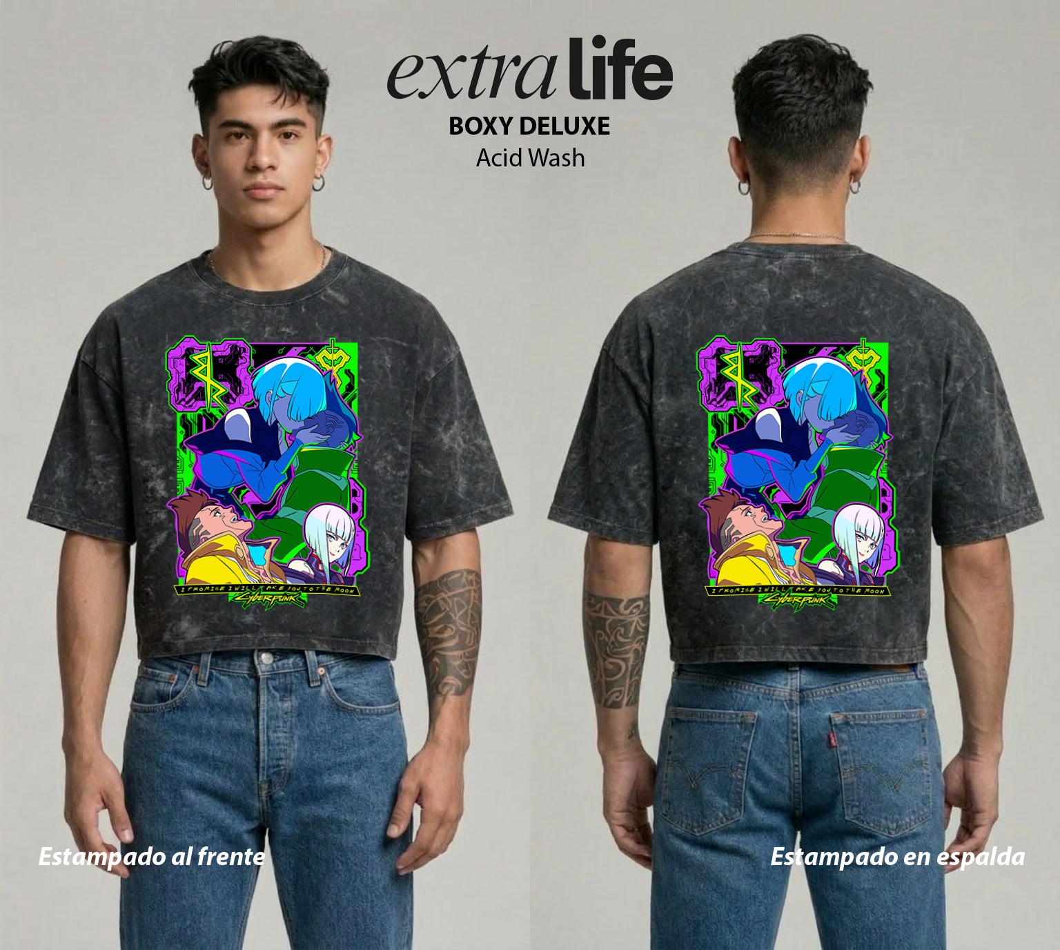 Playera streetwear premium de anime y gaming ExtraLife MX, corte boxy deluxe mineral wash heavyweight en color Acid Wash, moda urbana mexicana de culto.