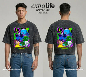 Playera streetwear premium de anime y gaming ExtraLife MX, corte boxy deluxe mineral wash heavyweight en color Acid Wash, moda urbana mexicana de culto.