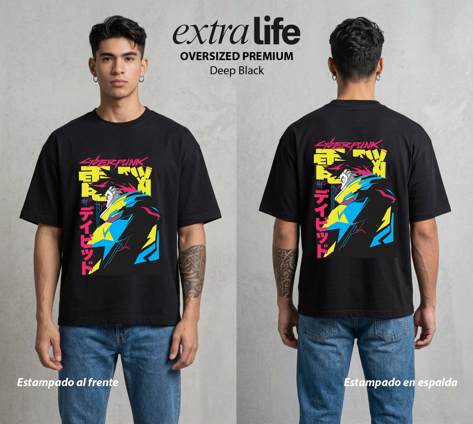 Los Corredores del Filo | Cyberpunk Edgerunners David #00538 - Playera Oversized Premium | Deep Black - Foto en modelo