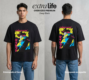 Los Corredores del Filo | Cyberpunk Edgerunners David #00538 - Playera Oversized Premium | Deep Black - Foto en modelo