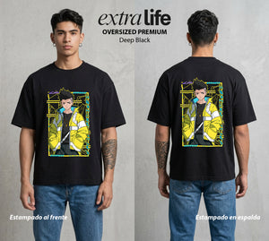 Los Corredores del Filo | Cyberpunk Edgerunners David #00539 - Playera Oversized Premium | Deep Black - Foto en modelo