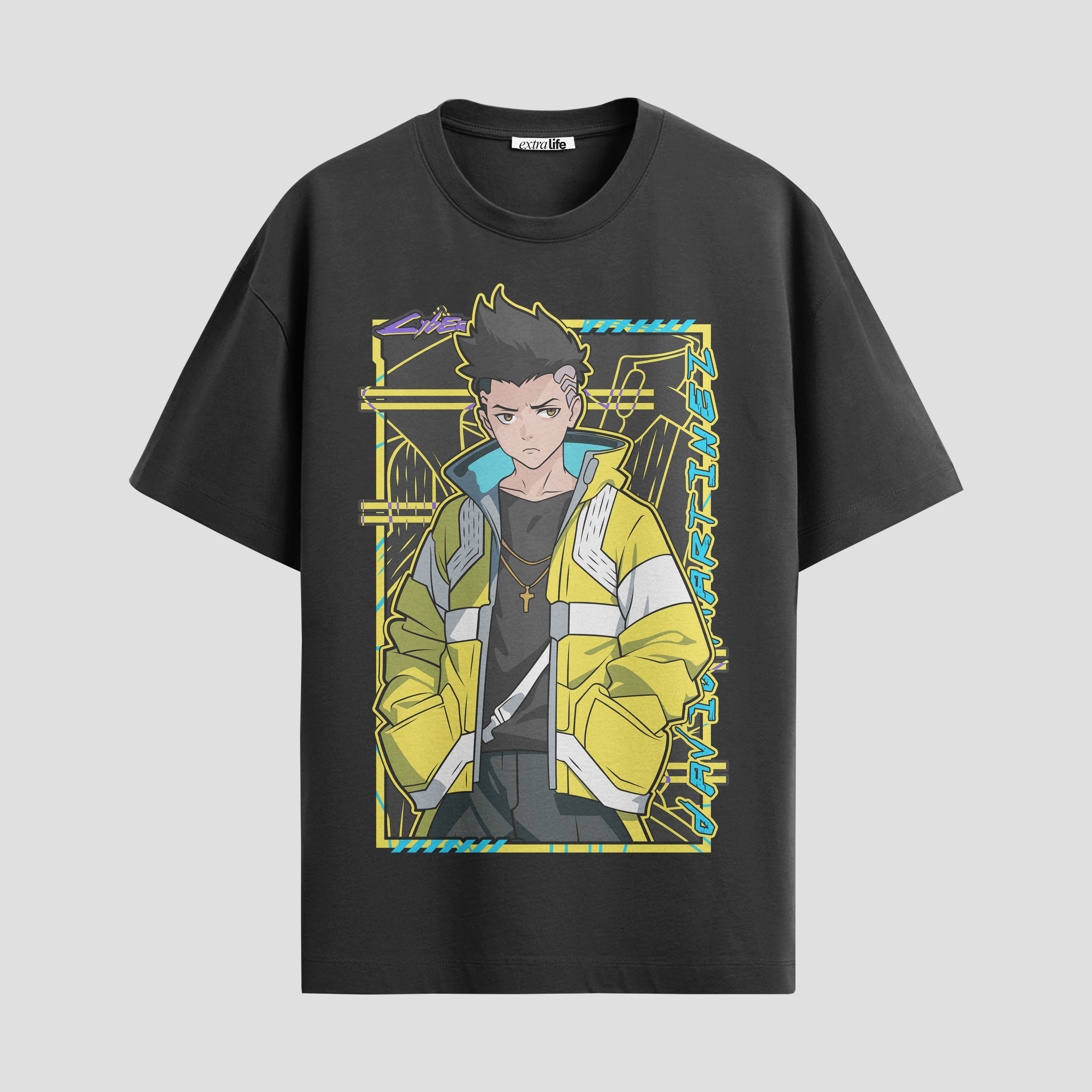 Playera urbana de anime y gaming ExtraLife MX, corte Standard Fit unisex ligero y transpirable en color Deep Black y Pure White, ropa de uso diario para gym y casual.