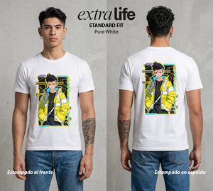 Los Corredores del Filo | Cyberpunk Edgerunners David #00539 - Playera Standard Fit | Pure White - Foto en modelo