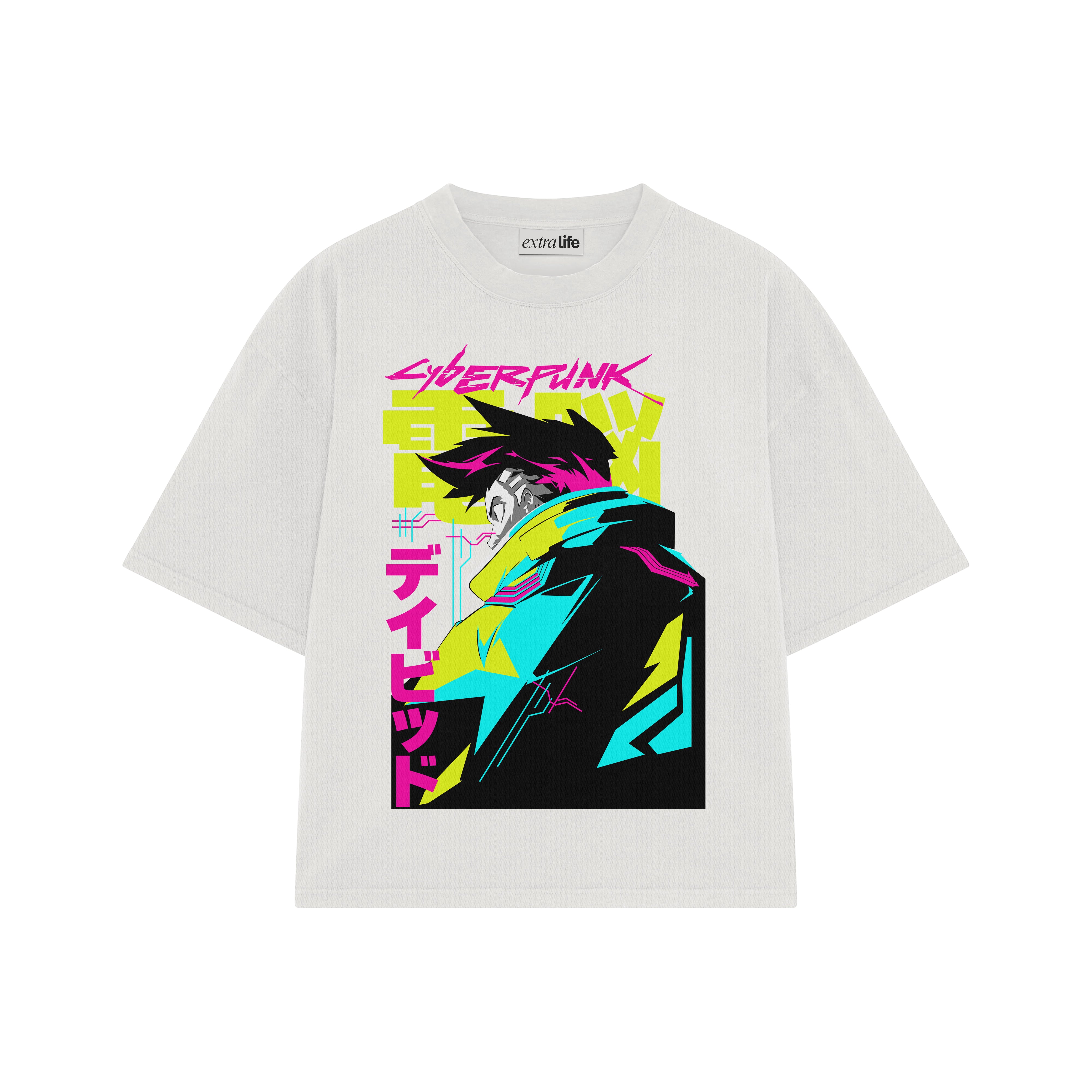 Playera streetwear premium de anime y gaming ExtraLife MX, corte boxy oversized drop shoulder heavyweight en color Deep Black y Off-White, moda urbana mexicana de culto.