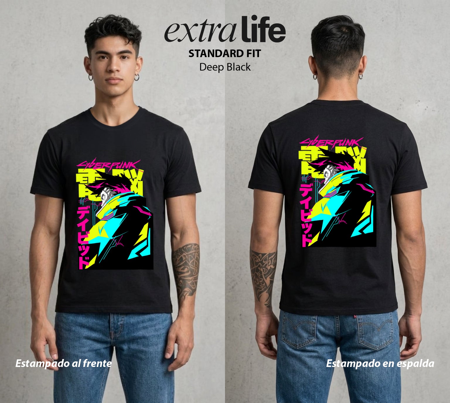 Los Corredores del Filo | Cyberpunk Edgerunners David #00544 - Playera Standard Fit | Deep Black - Foto en modelo